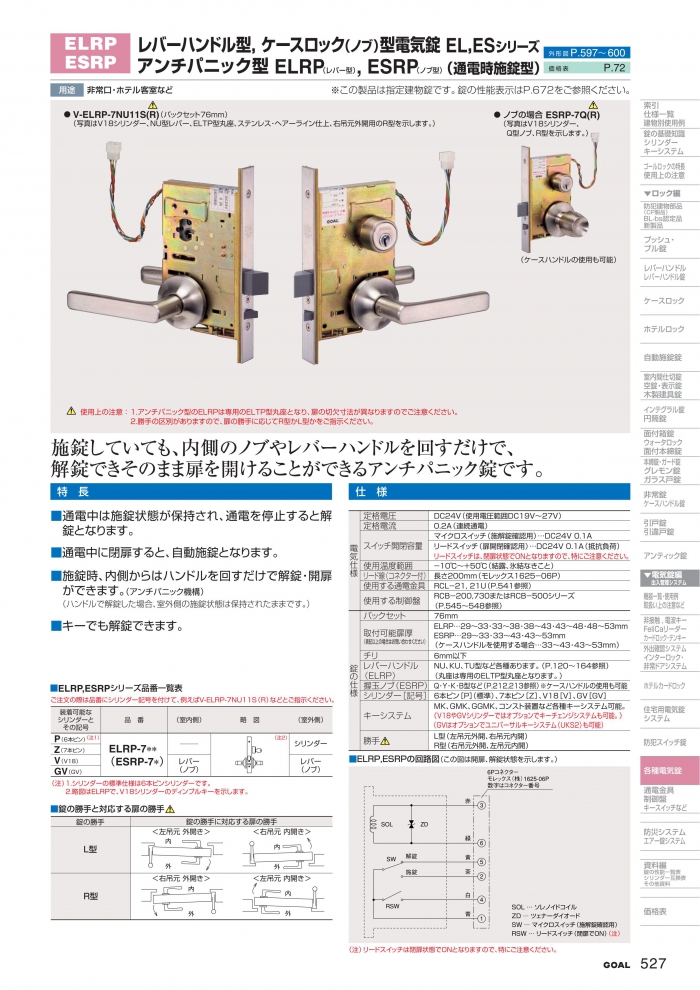 GOAL,ゴール レバーハンドル錠 ELRP・ESRP ホテルロック | 鍵・錠前の