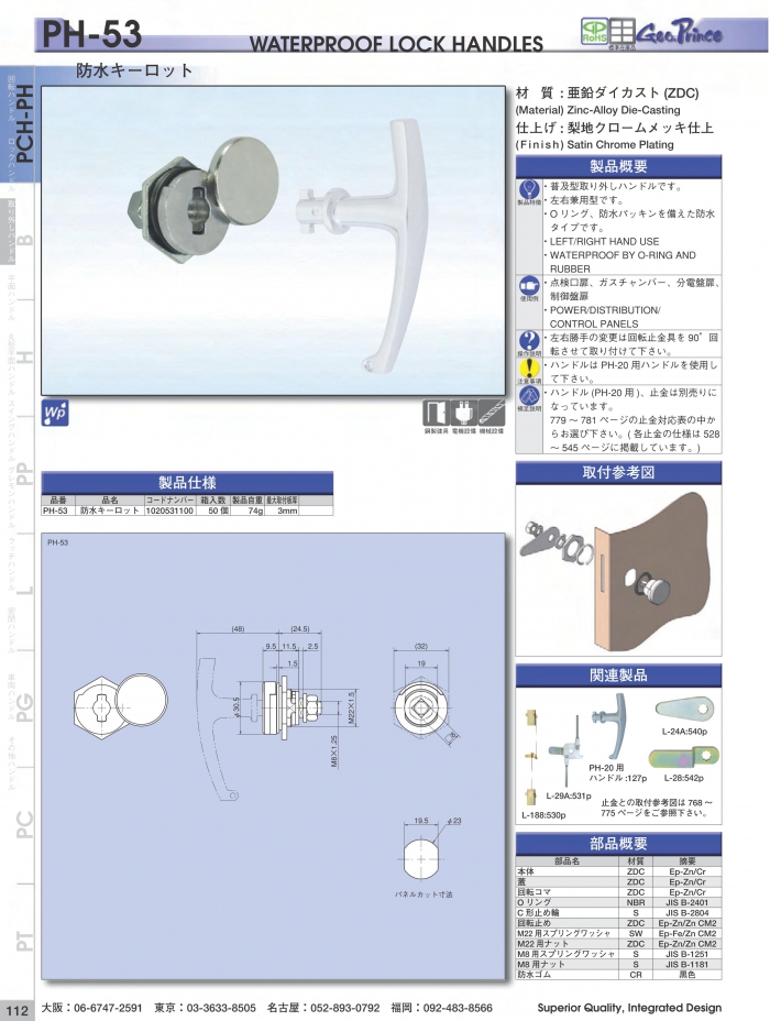 Geo.Prince竹下,ジョープリンスタケシタ キーロット・取出しﾊﾝﾄﾞﾙ PH-53 配電・電設・厨房・制御盤 等 |  鍵・錠前の交換・取り付け方法の検索は「ロックサーチ.com」